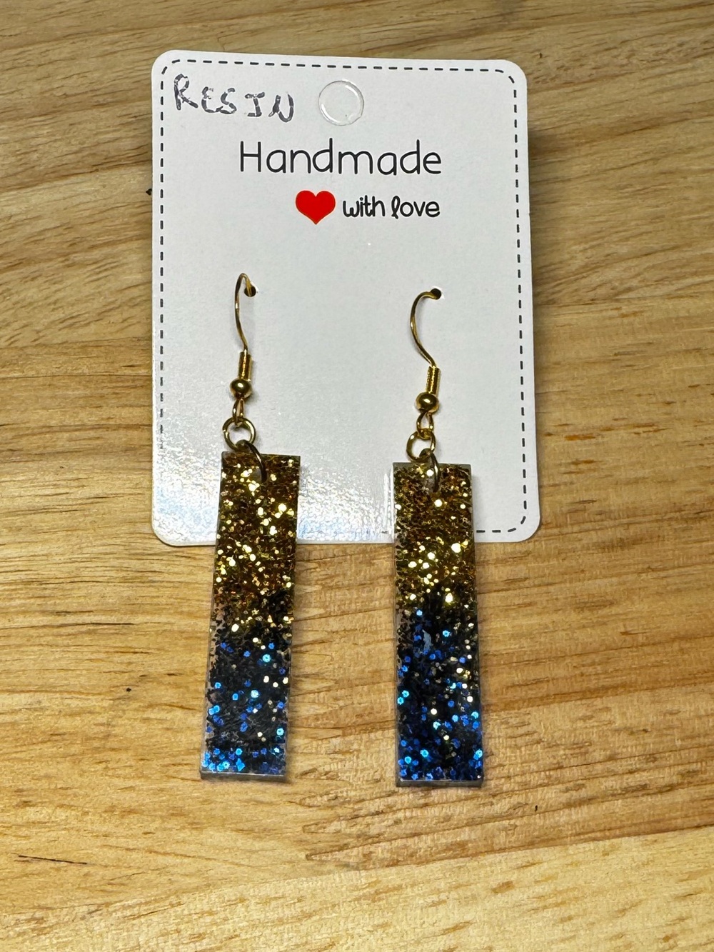 Hand Crafted Gold and Blue Glitter Ombre Resin Bar Earrings